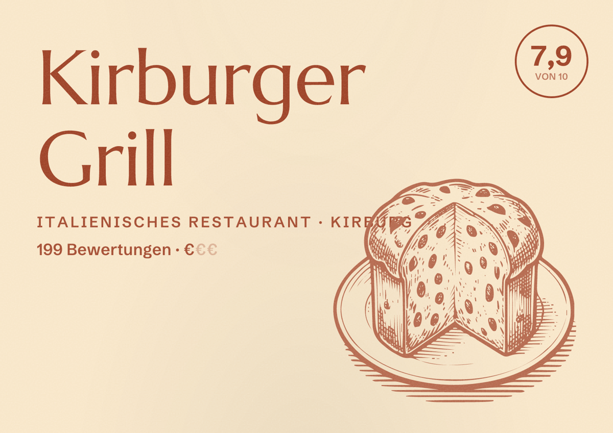 Illustriertes Poster von Kirburger Grill, Italienisches Restaurant in Kirburg: Bewertung 7,9 von 10 aus 199 Bewertungen, Preisniveau €