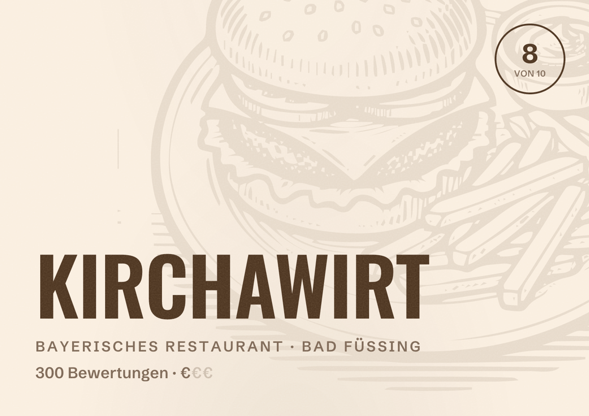 Illustriertes Poster von KIRCHAWIRT, Bayerisches Restaurant in Bad Füssing: Bewertung 8 von 10 aus 300 Bewertungen, Preisniveau €