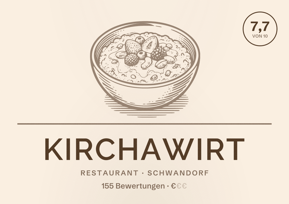 Illustriertes Poster von Kirchawirt, Restaurant in Schwandorf: Bewertung 7,7 von 10 aus 155 Bewertungen, Preisniveau €