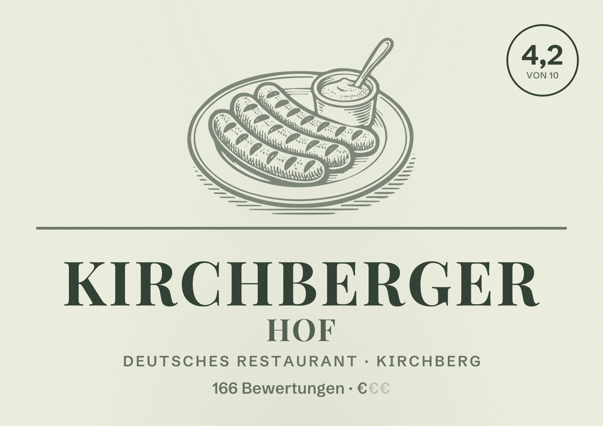 Illustriertes Poster von Kirchberger Hof, Deutsches Restaurant in Kirchberg: Bewertung 4,2 von 10 aus 166 Bewertungen, Preisniveau €