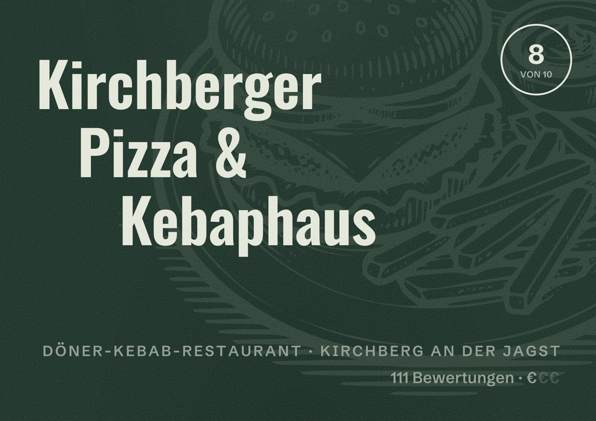 Illustriertes Poster von Kirchberger Pizza & Kebaphaus, Döner-Kebab-Restaurant in Kirchberg an der Jagst: Bewertung 8 von 10 aus 111 Bewertungen, Preisniveau €