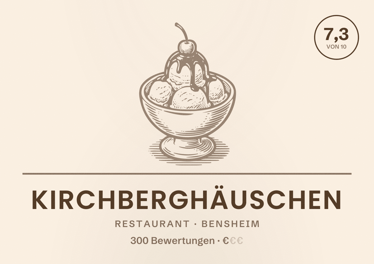 Illustriertes Poster von Kirchberghäuschen, Restaurant in Bensheim: Bewertung 7,3 von 10 aus 300 Bewertungen, Preisniveau €