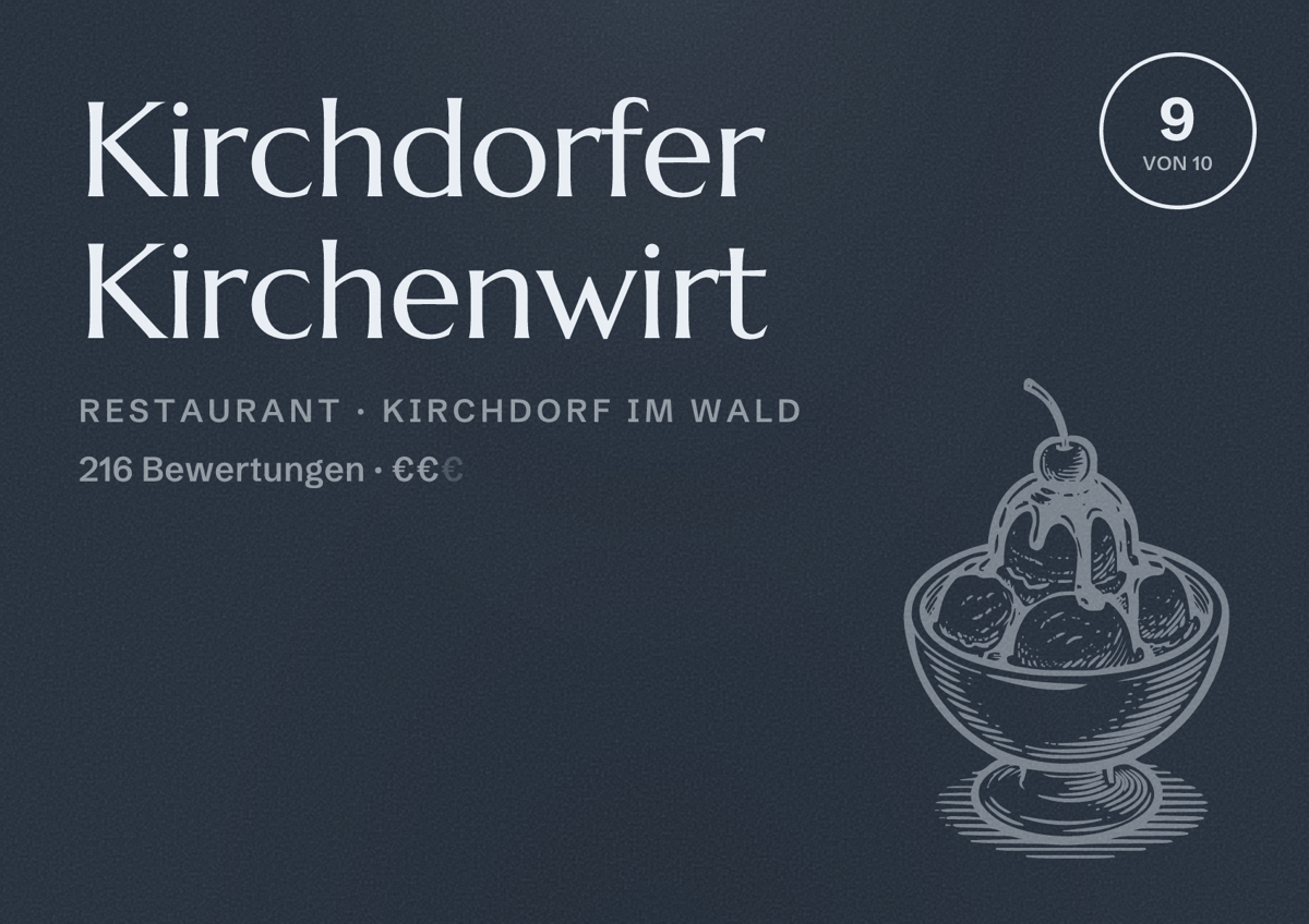 Illustriertes Poster von Kirchdorfer Kirchenwirt, Restaurant in Kirchdorf im Wald: Bewertung 9 von 10 aus 216 Bewertungen, Preisniveau €€