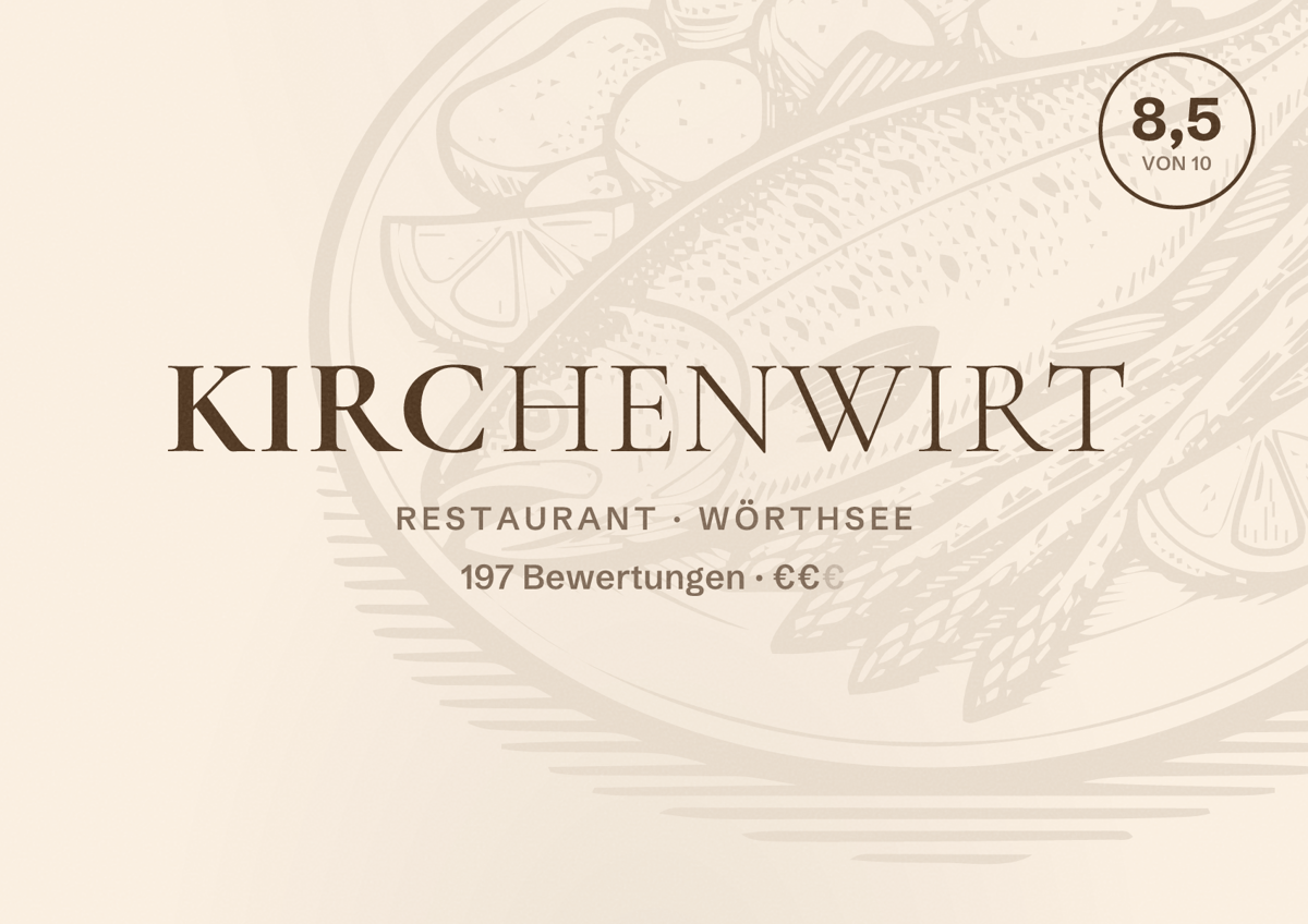 Illustriertes Poster von Kirchenwirt, Restaurant in Wörthsee: Bewertung 8,5 von 10 aus 197 Bewertungen, Preisniveau €€