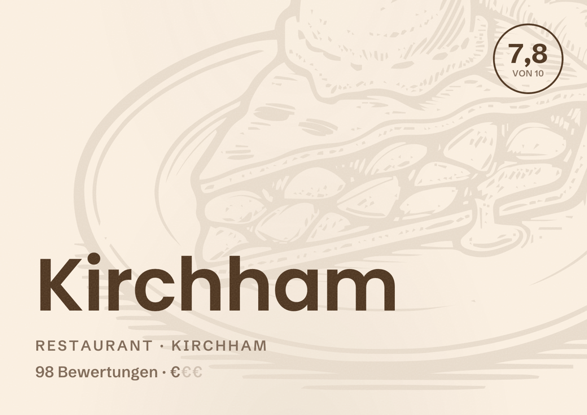 Illustriertes Poster von Kirchham, Restaurant in Kirchham: Bewertung 7,8 von 10 aus 98 Bewertungen, Preisniveau €