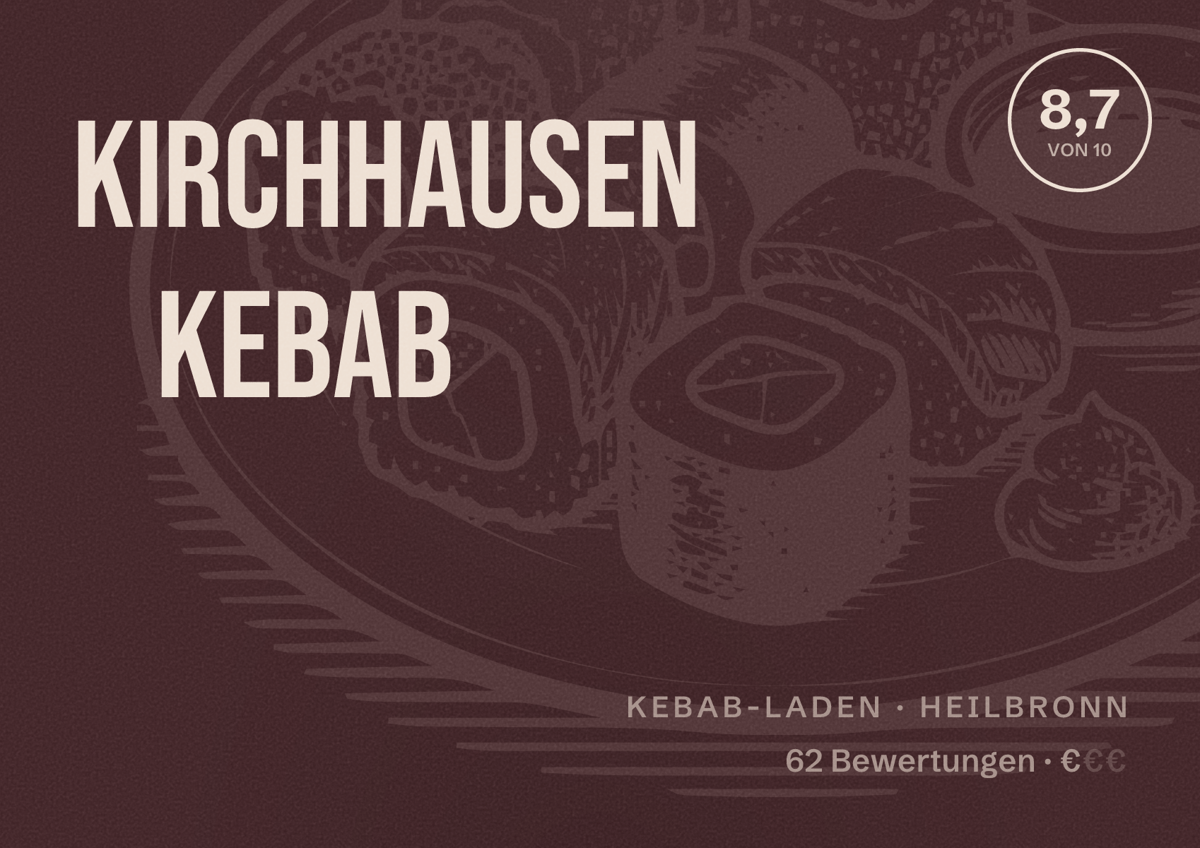 Illustriertes Poster von Kirchhausen Kebab, Kebab-Laden in Heilbronn: Bewertung 8,7 von 10 aus 62 Bewertungen, Preisniveau €