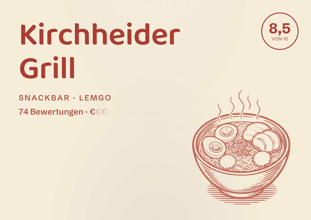 Illustriertes Poster von Kirchheider Grill, Snackbar in Lemgo: Bewertung 8,5 von 10 aus 74 Bewertungen, Preisniveau €
