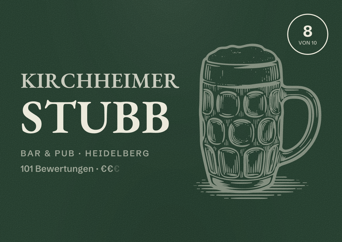 Illustriertes Poster von Kirchheimer Stubb, Bar & Pub in Heidelberg: Bewertung 8 von 10 aus 101 Bewertungen, Preisniveau €€