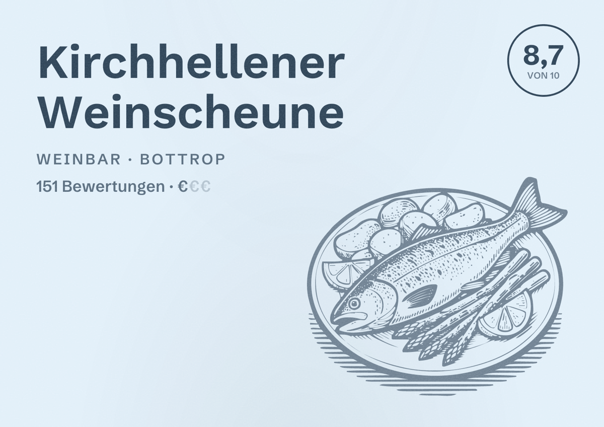 Illustriertes Poster von Kirchhellener Weinscheune, Weinbar in Bottrop: Bewertung 8,7 von 10 aus 151 Bewertungen, Preisniveau €