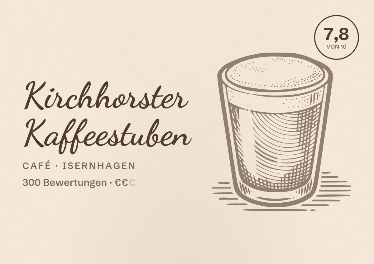 Illustriertes Poster von Kirchhorster Kaffeestuben, Café in Isernhagen: Bewertung 7,8 von 10 aus 300 Bewertungen, Preisniveau €€
