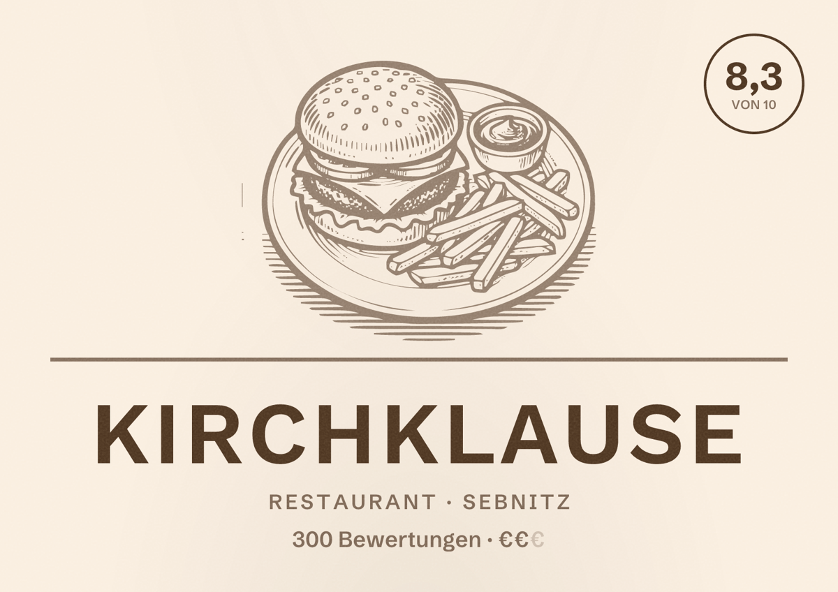 Illustriertes Poster von Kirchklause, Restaurant in Sebnitz: Bewertung 8,3 von 10 aus 300 Bewertungen, Preisniveau €€