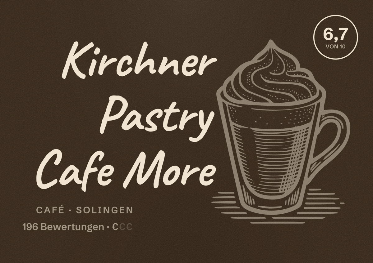 Illustriertes Poster von Kirchner Pastry Cafe More, Café in Solingen: Bewertung 6,7 von 10 aus 196 Bewertungen, Preisniveau €