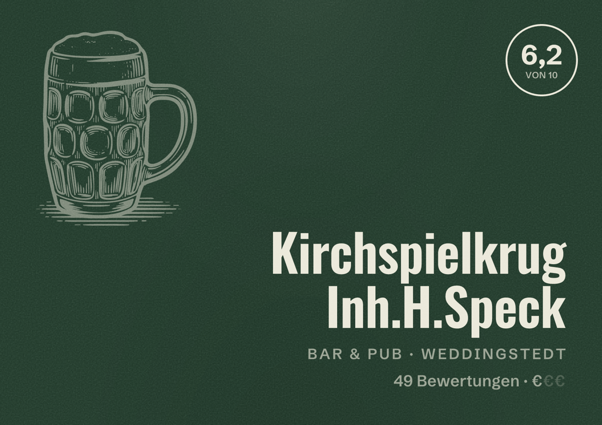 Illustriertes Poster von Kirchspielkrug Inh.H.Speck, Bar & Pub in Weddingstedt: Bewertung 6,2 von 10 aus 49 Bewertungen, Preisniveau €