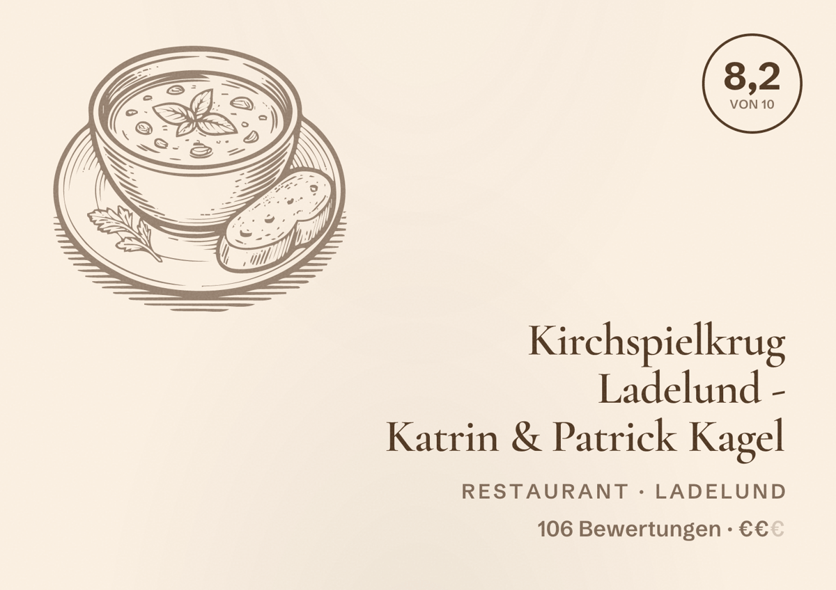 Illustriertes Poster von Kirchspielkrug Ladelund - Katrin & Patrick Kagel, Restaurant in Ladelund: Bewertung 8,2 von 10 aus 106 Bewertungen, Preisniveau €€