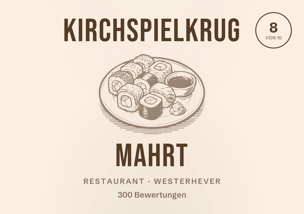 Illustriertes Poster von Kirchspielkrug Mahrt, Restaurant in Westerhever: Bewertung 8 von 10 aus 300 Bewertungen