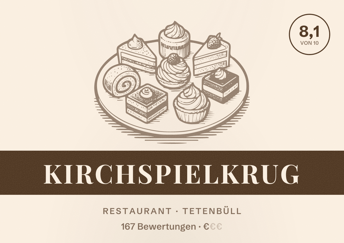 Illustriertes Poster von Kirchspielkrug, Restaurant in Tetenbüll: Bewertung 8,1 von 10 aus 167 Bewertungen, Preisniveau €