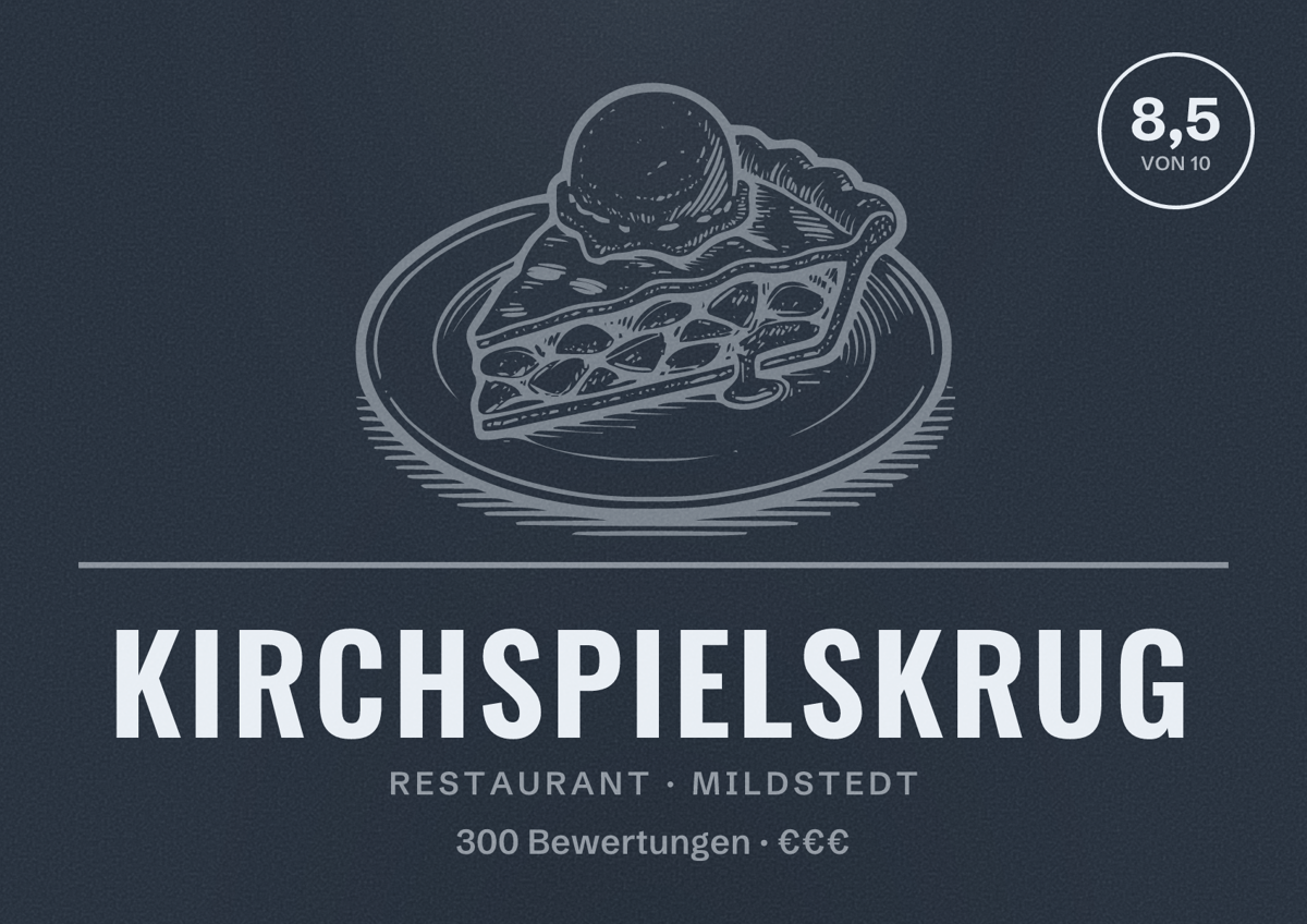 Illustriertes Poster von Kirchspielskrug, Restaurant in Mildstedt: Bewertung 8,5 von 10 aus 300 Bewertungen, Preisniveau €€€