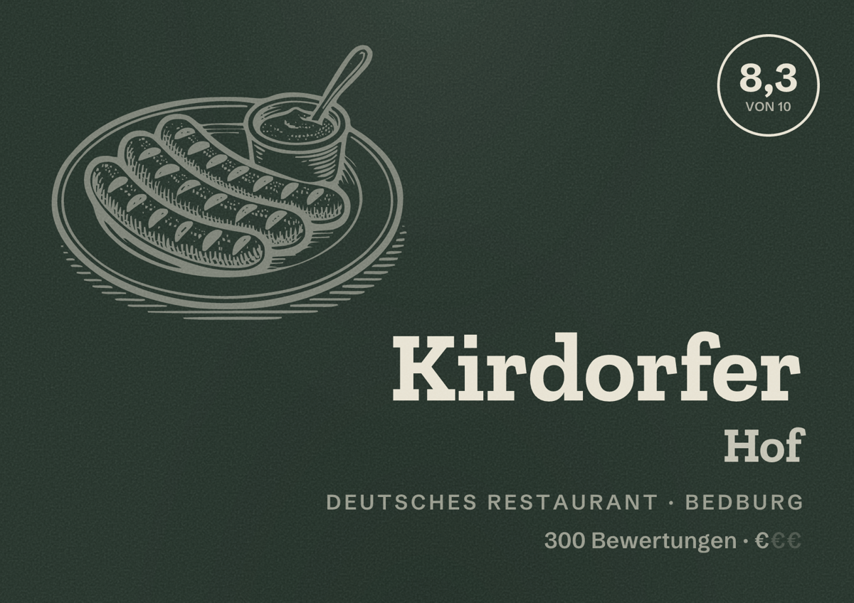 Illustriertes Poster von Kirdorfer Hof, Deutsches Restaurant in Bedburg: Bewertung 8,3 von 10 aus 300 Bewertungen, Preisniveau €