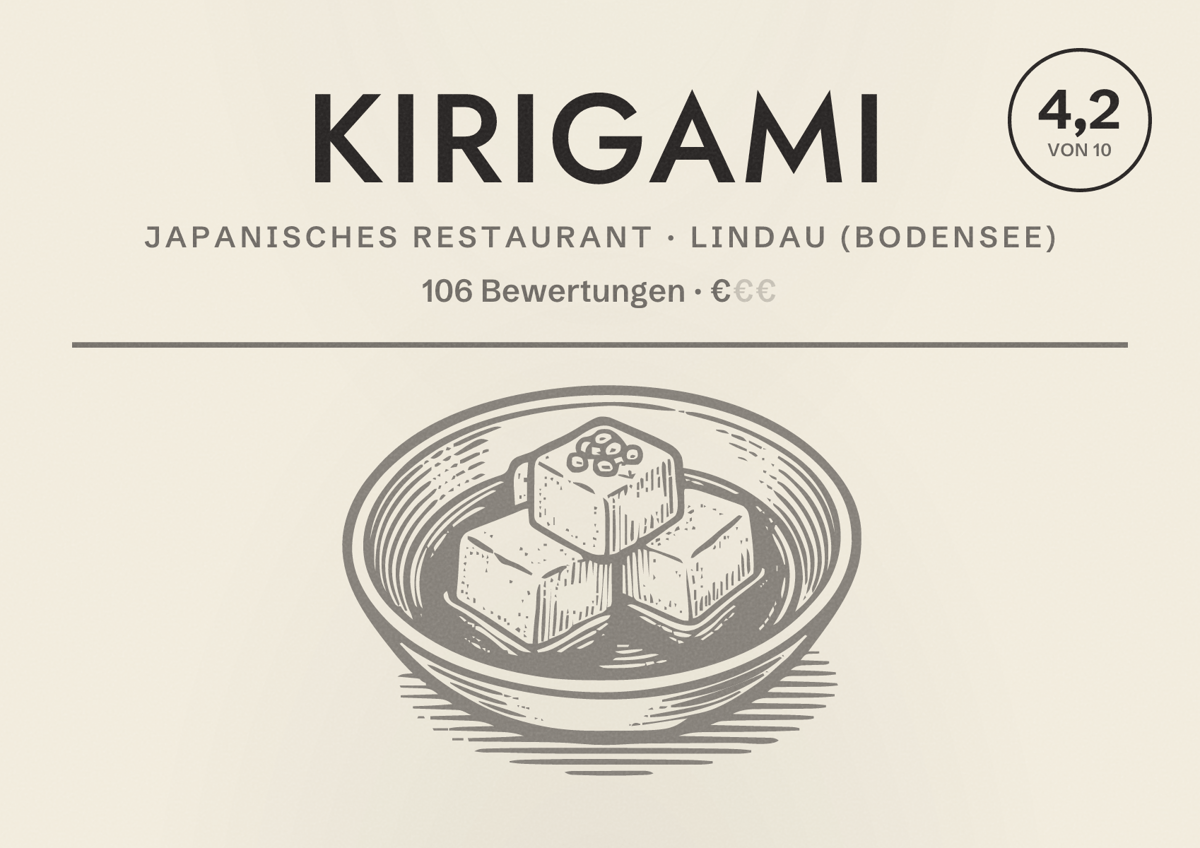 Illustriertes Poster von KIRIGAMI, Japanisches Restaurant in Lindau (Bodensee): Bewertung 4,2 von 10 aus 106 Bewertungen, Preisniveau €