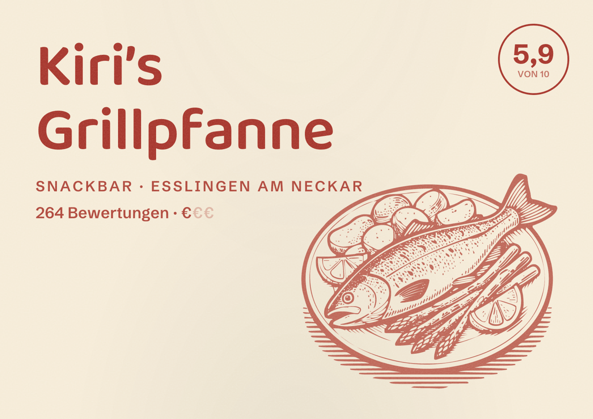 Illustriertes Poster von Kiri’s Grillpfanne, Snackbar in Esslingen am Neckar: Bewertung 5,9 von 10 aus 264 Bewertungen, Preisniveau €