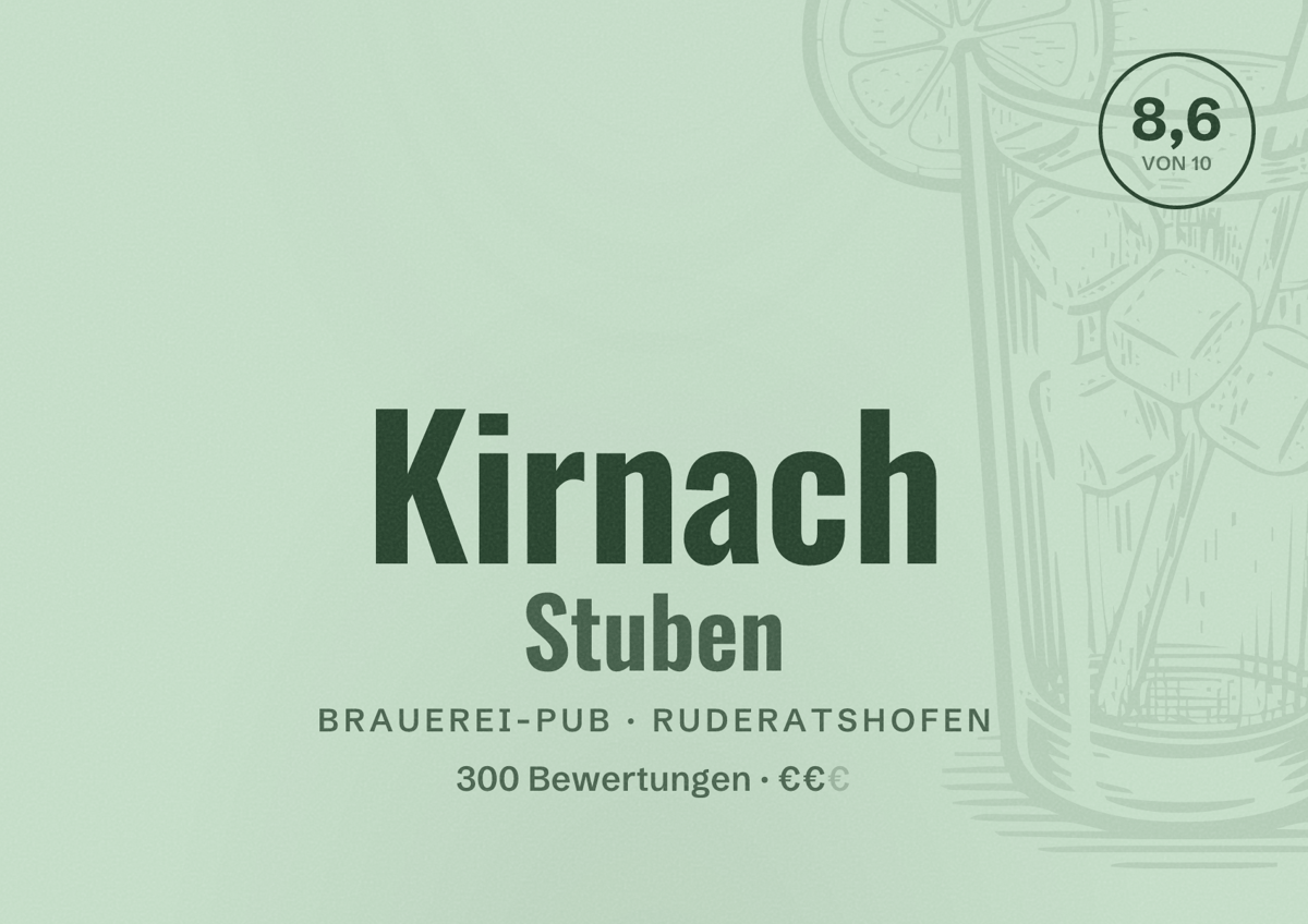 Illustriertes Poster von Kirnach Stuben, Brauerei-Pub in Ruderatshofen: Bewertung 8,6 von 10 aus 300 Bewertungen, Preisniveau €€