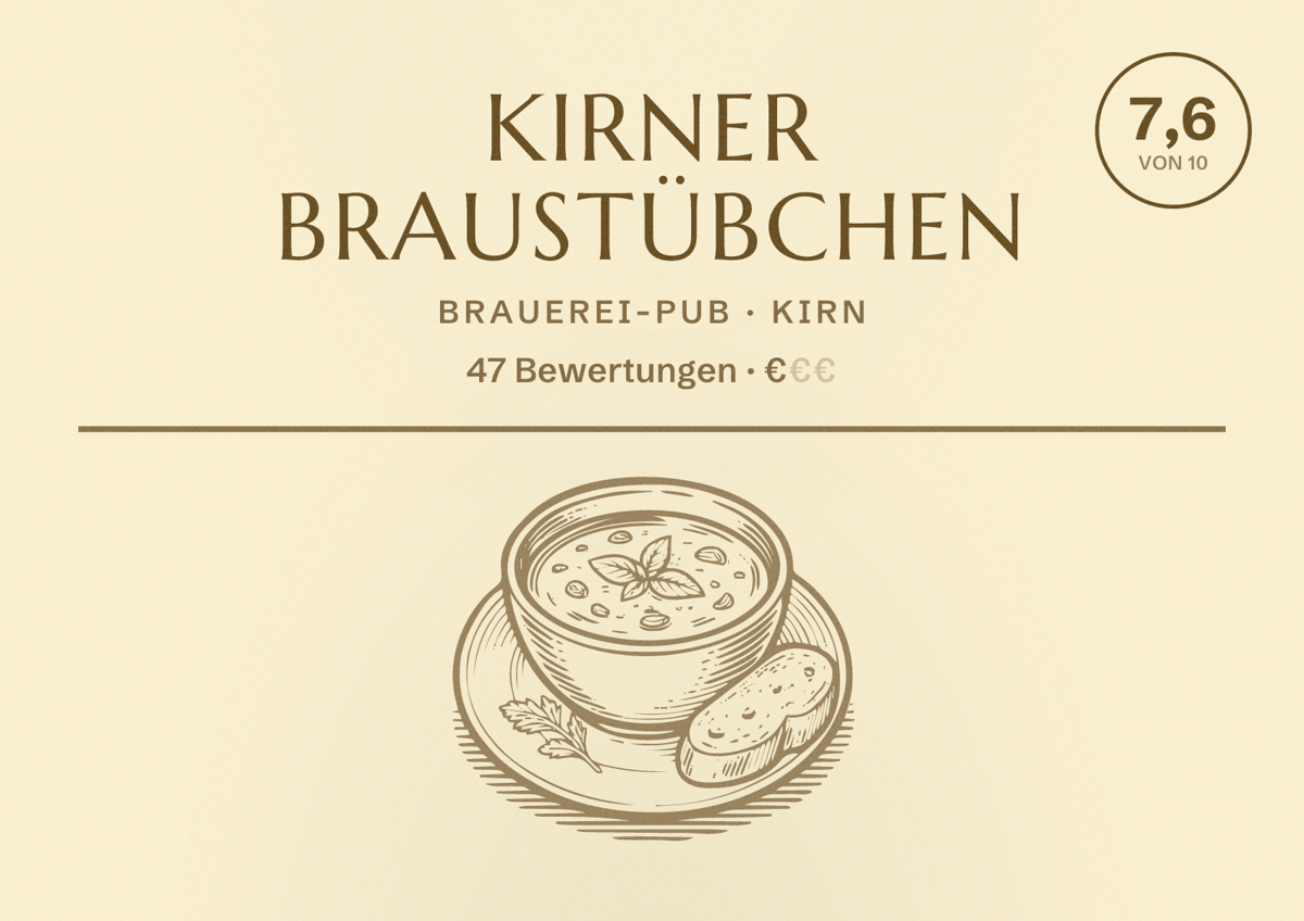 Illustriertes Poster von Kirner Braustübchen, Brauerei-Pub in Kirn: Bewertung 7,6 von 10 aus 47 Bewertungen, Preisniveau €
