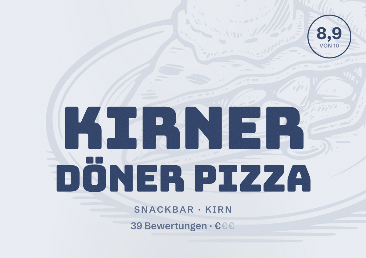 Illustriertes Poster von Kirner Döner Pizza, Snackbar in Kirn: Bewertung 8,9 von 10 aus 39 Bewertungen, Preisniveau €