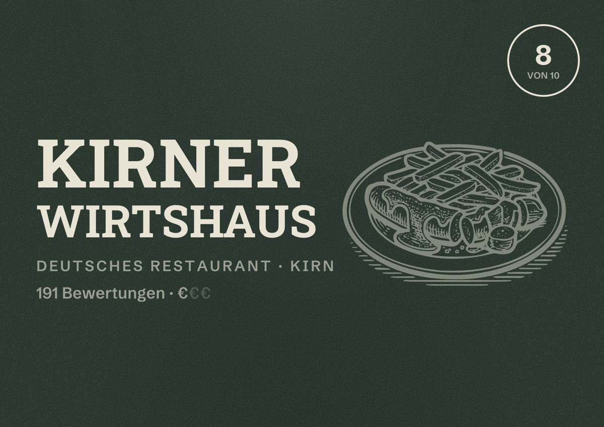 Illustriertes Poster von Kirner Wirtshaus, Deutsches Restaurant in Kirn: Bewertung 8 von 10 aus 191 Bewertungen, Preisniveau €
