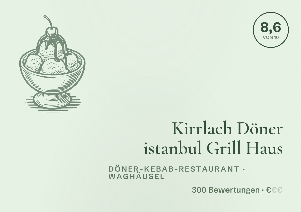 Illustriertes Poster von Kirrlach Döner istanbul Grill Haus, Döner-Kebab-Restaurant in Waghäusel: Bewertung 8,6 von 10 aus 300 Bewertungen, Preisniveau €