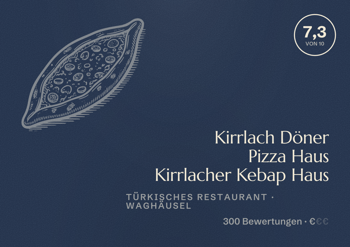 Illustriertes Poster von Kirrlach Döner Pizza Haus Kirrlacher Kebap Haus, Türkisches Restaurant in Waghäusel: Bewertung 7,3 von 10 aus 300 Bewertungen, Preisniveau €