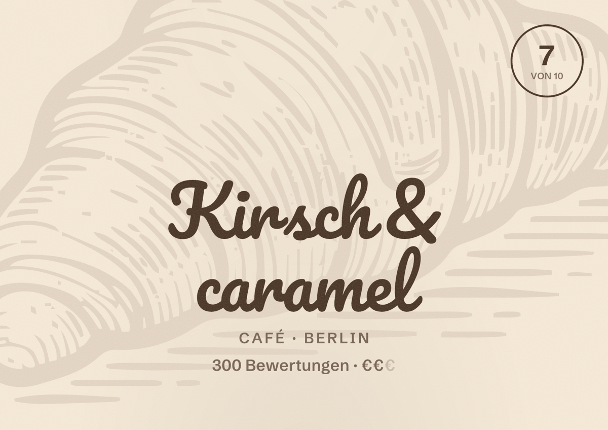 Illustriertes Poster von Kirsch & caramel, Café in Berlin: Bewertung 7,0 von 10 aus 300 Bewertungen, Preisniveau €€