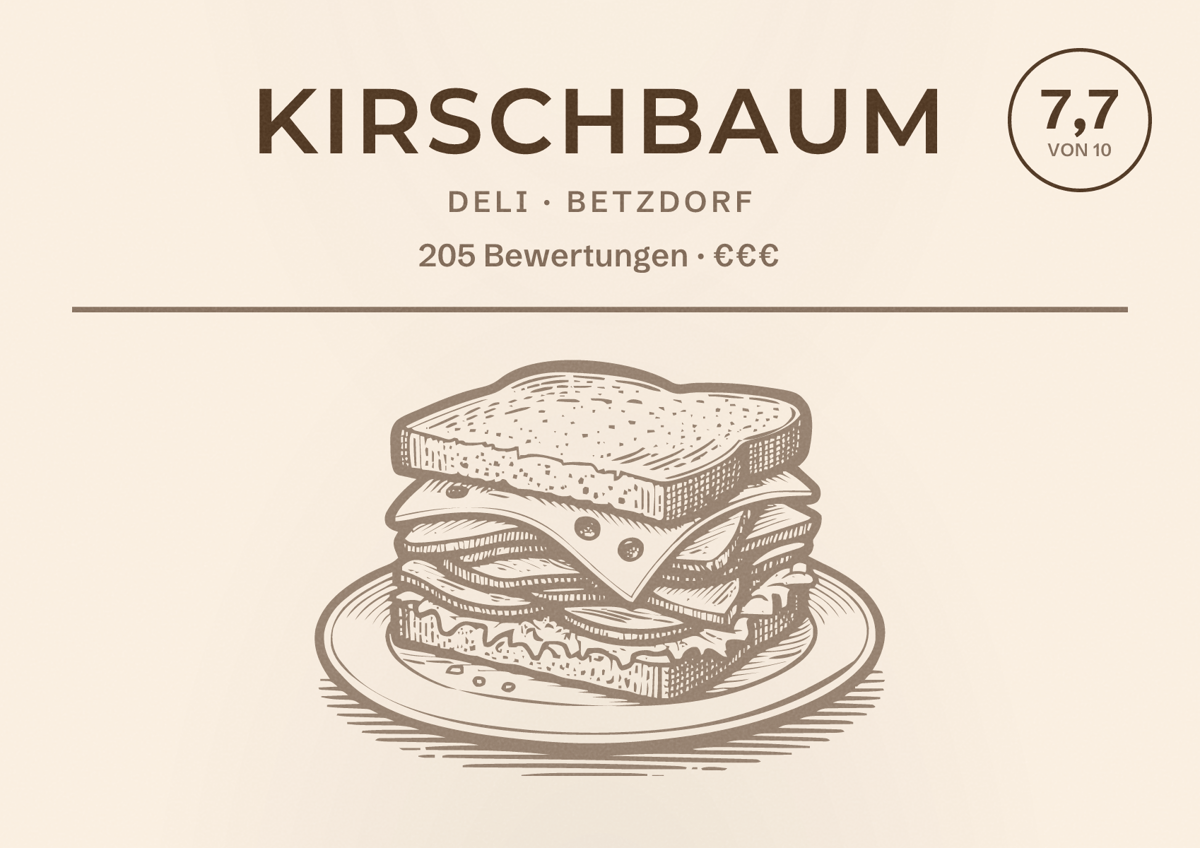 Illustriertes Poster von Kirschbaum, Deli in Betzdorf: Bewertung 7,7 von 10 aus 205 Bewertungen, Preisniveau €€€