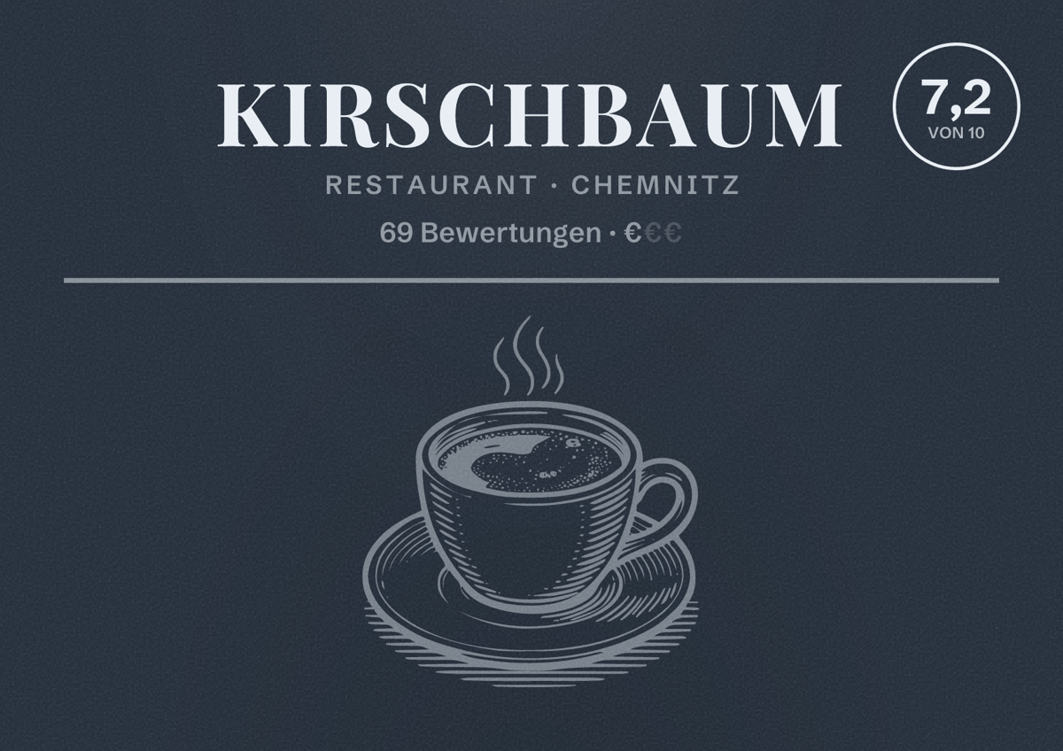 Illustriertes Poster von Kirschbaum, Restaurant in Chemnitz: Bewertung 7,2 von 10 aus 69 Bewertungen, Preisniveau €