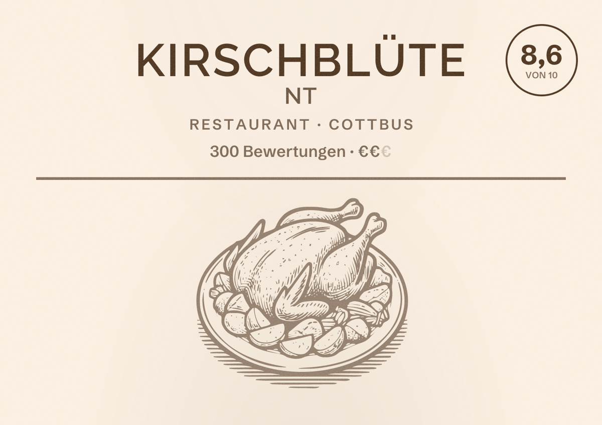 Illustriertes Poster von Kirschblüte NT, Restaurant in Cottbus: Bewertung 8,6 von 10 aus 300 Bewertungen, Preisniveau €€