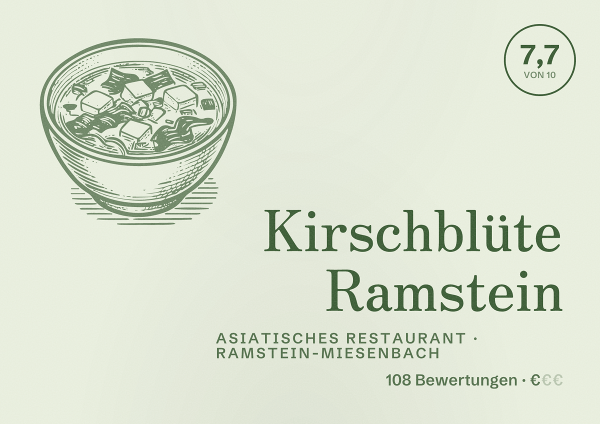 Illustriertes Poster von Kirschblüte Ramstein, Asiatisches Restaurant in Ramstein-Miesenbach: Bewertung 7,7 von 10 aus 108 Bewertungen, Preisniveau €