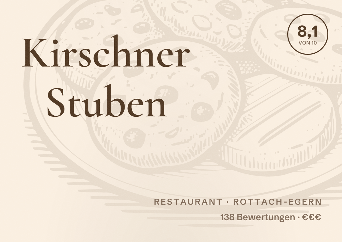 Illustriertes Poster von Kirschner Stuben, Restaurant in Rottach-Egern: Bewertung 8,1 von 10 aus 138 Bewertungen, Preisniveau €€€