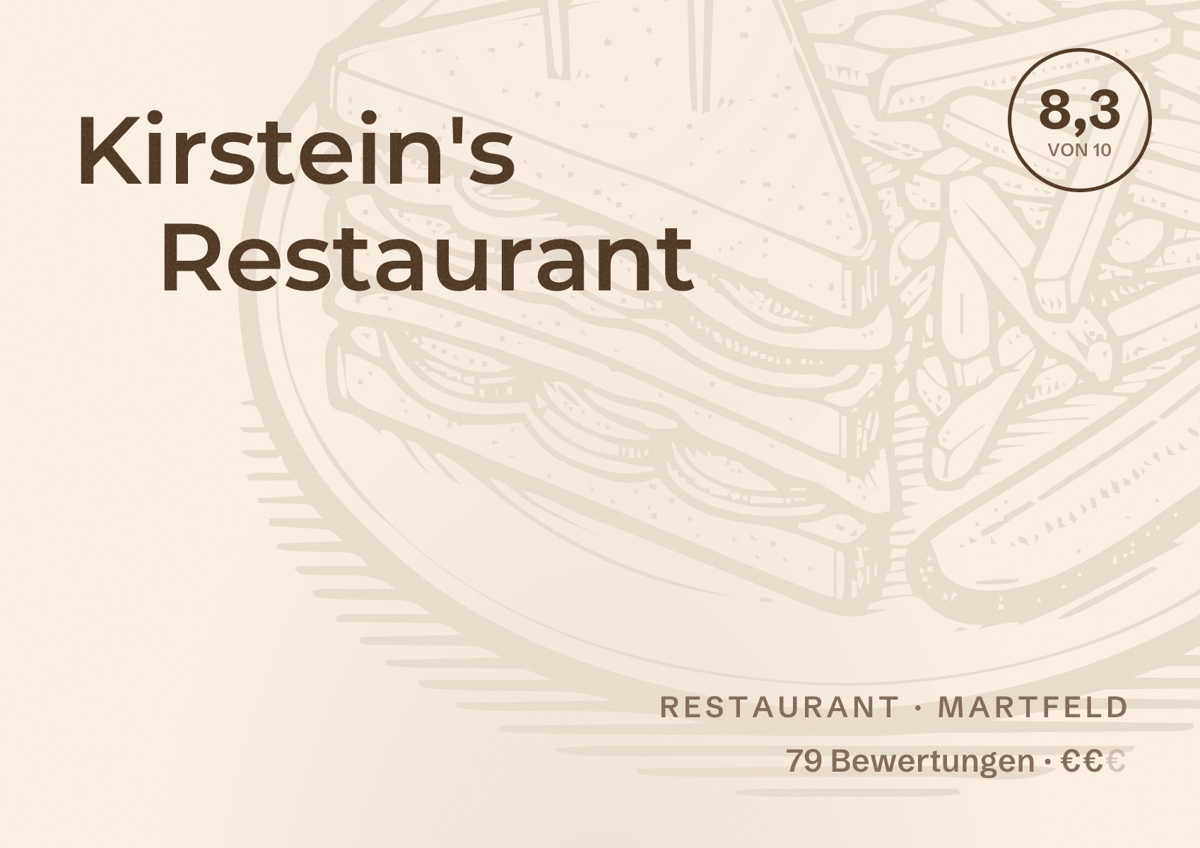 Illustriertes Poster von Kirstein's Restaurant, Restaurant in Martfeld: Bewertung 8,3 von 10 aus 79 Bewertungen, Preisniveau €€