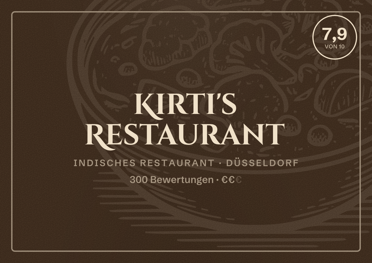 Illustriertes Poster von Kirti's Restaurant, Indisches Restaurant in Düsseldorf: Bewertung 7,9 von 10 aus 300 Bewertungen, Preisniveau €€