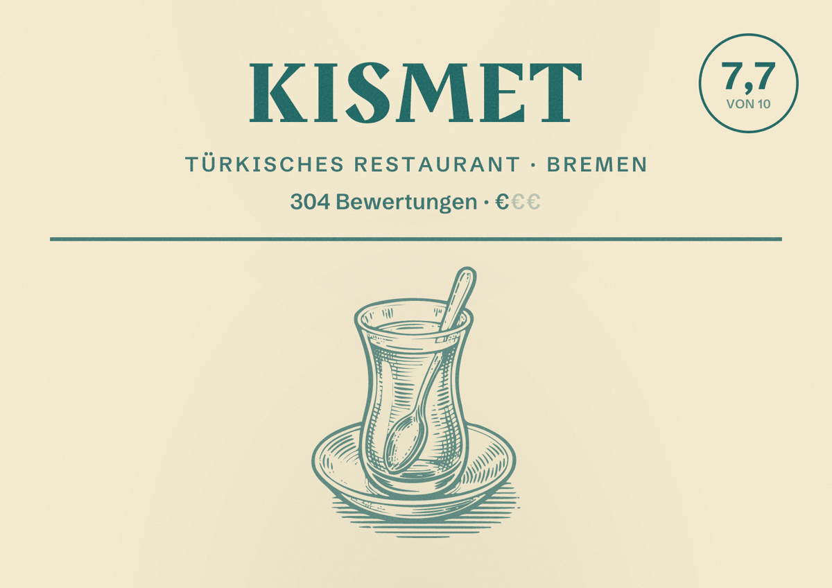 Illustriertes Poster von Kismet, Türkisches Restaurant in Bremen: Bewertung 7,7 von 10 aus 304 Bewertungen, Preisniveau €
