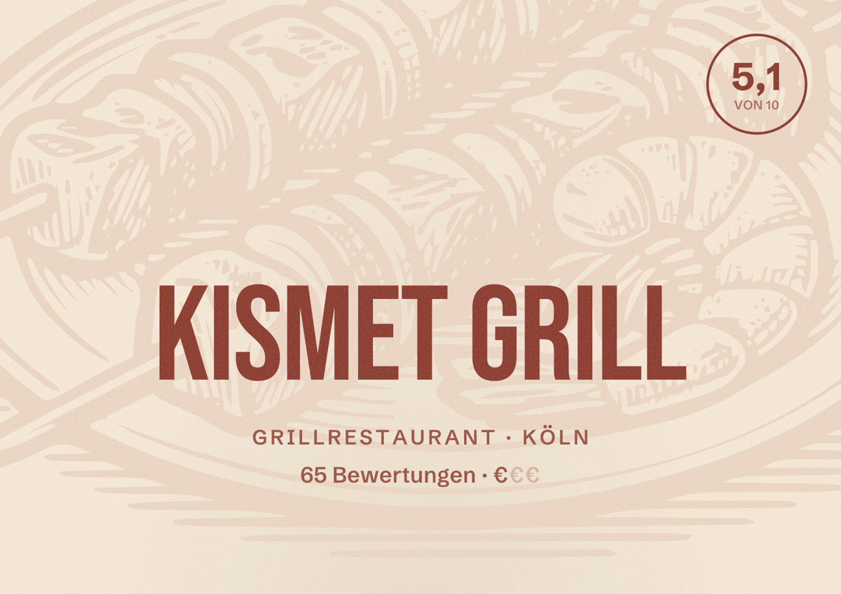 Illustriertes Poster von Kismet Grill, Grillrestaurant in Köln: Bewertung 5,1 von 10 aus 65 Bewertungen, Preisniveau €