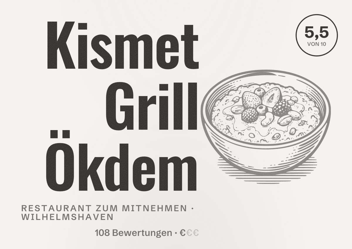Illustriertes Poster von Kismet Grill Ökdem, Restaurant zum Mitnehmen in Wilhelmshaven: Bewertung 5,5 von 10 aus 108 Bewertungen, Preisniveau €