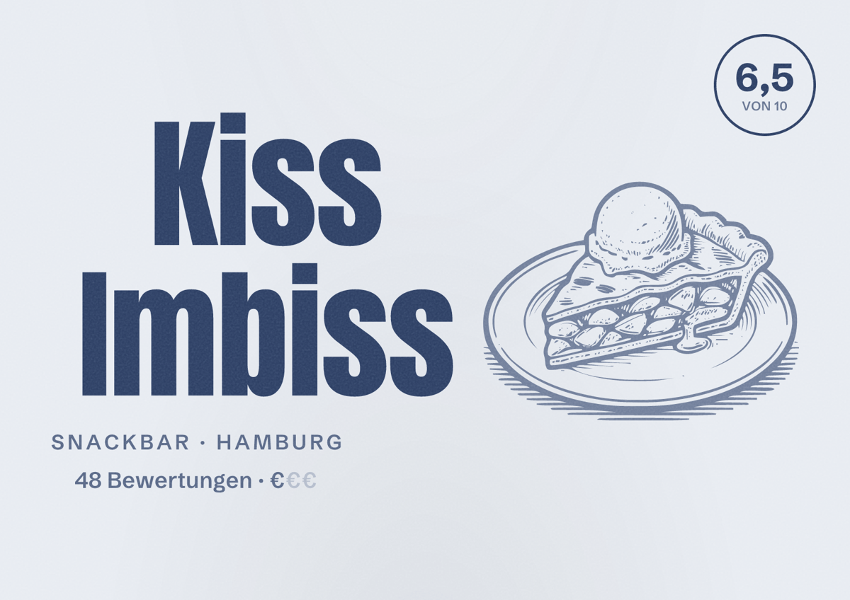 Illustriertes Poster von Kiss Imbiss, Snackbar in Hamburg: Bewertung 6,5 von 10 aus 48 Bewertungen, Preisniveau €