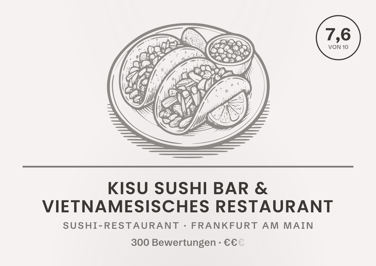 Illustriertes Poster von KISU Sushi Bar & Vietnamesisches Restaurant, Sushi-Restaurant in Frankfurt am Main: Bewertung 7,6 von 10 aus 300 Bewertungen, Preisniveau €€