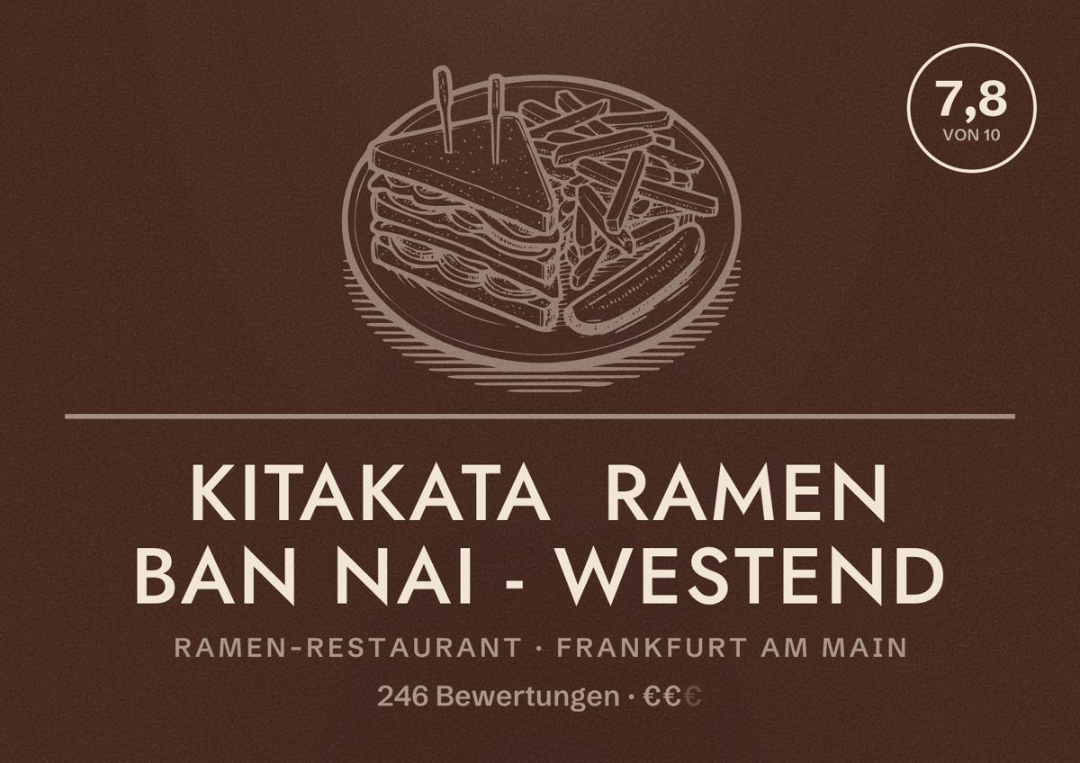 Illustriertes Poster von Kitakata Ramen Ban Nai - Westend, Ramen-Restaurant in Frankfurt am Main: Bewertung 7,8 von 10 aus 246 Bewertungen, Preisniveau €€