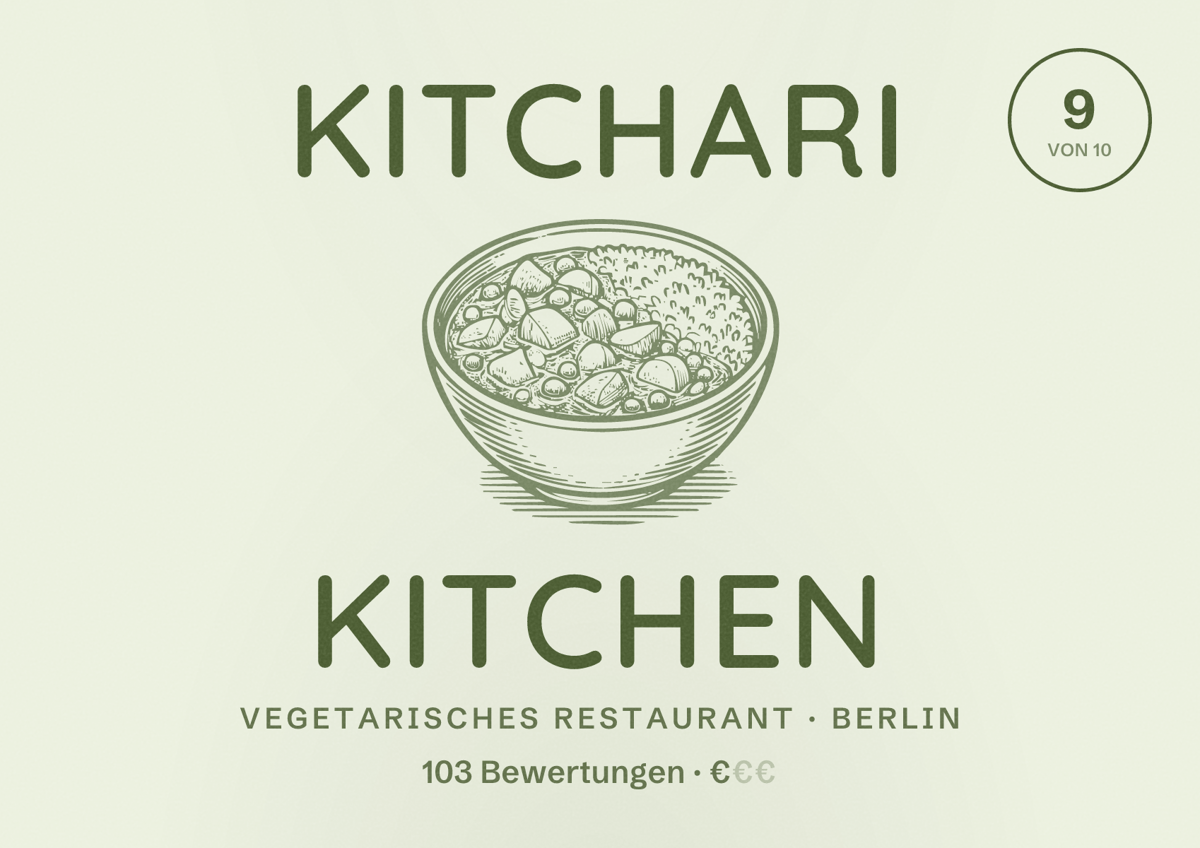 Illustriertes Poster von KITCHARI KITCHEN, Vegetarisches Restaurant in Berlin: Bewertung 9,0 von 10 aus 103 Bewertungen, Preisniveau €