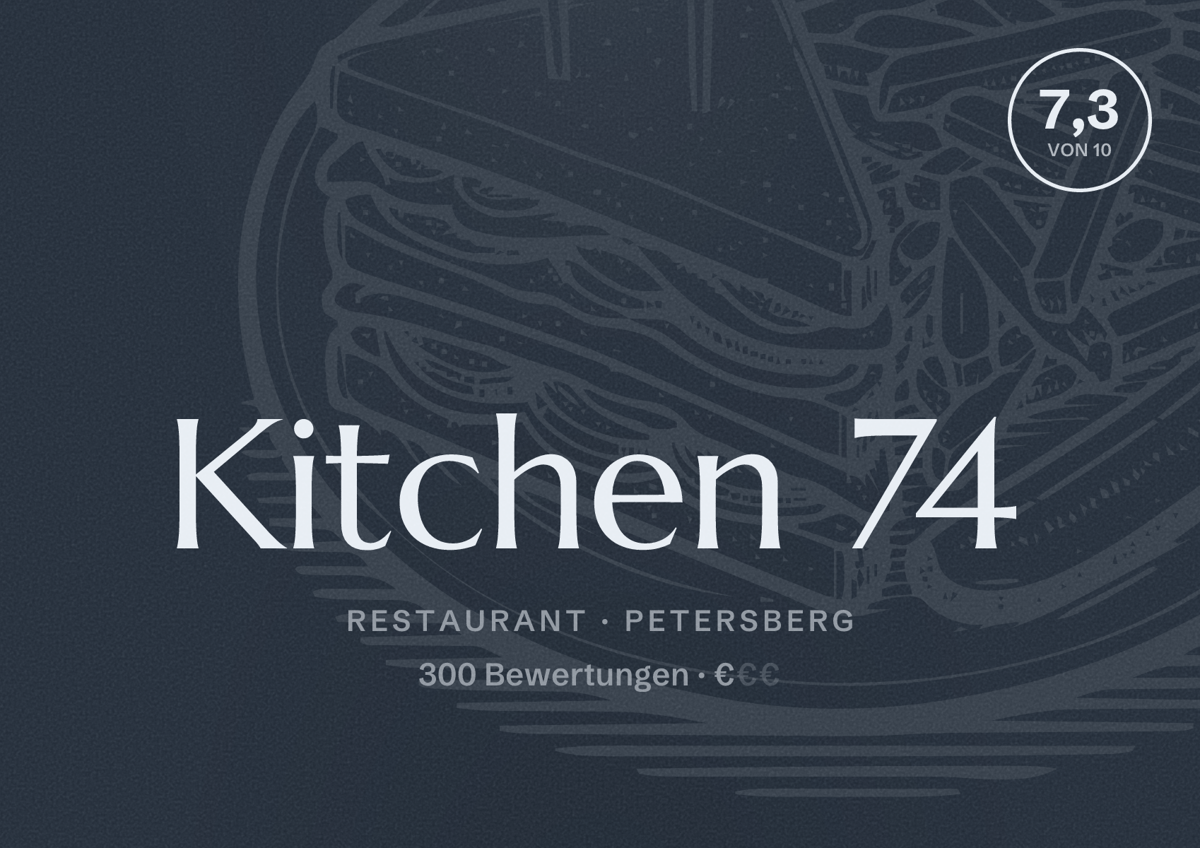 Illustriertes Poster von Kitchen 74, Restaurant in Petersberg: Bewertung 7,3 von 10 aus 300 Bewertungen, Preisniveau €