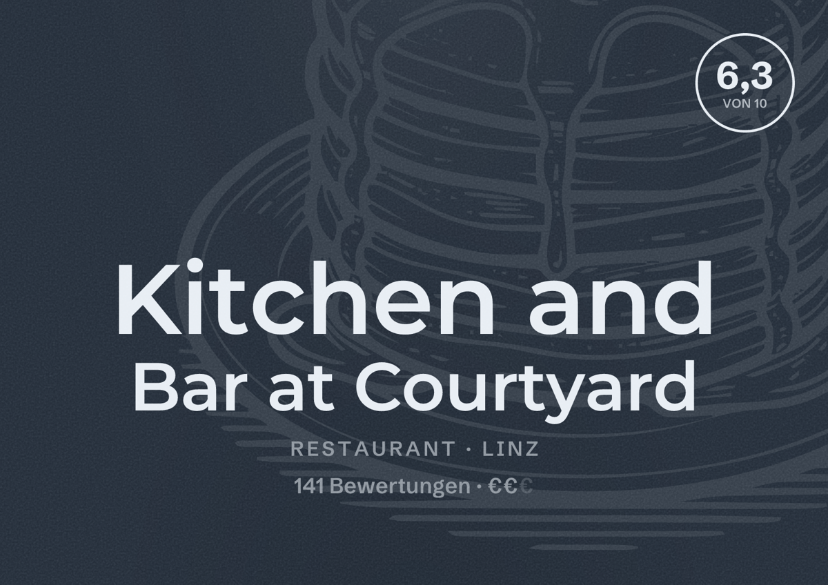 Illustriertes Poster von Kitchen and Bar at Courtyard, Restaurant in Linz: Bewertung 6,3 von 10 aus 141 Bewertungen, Preisniveau €€
