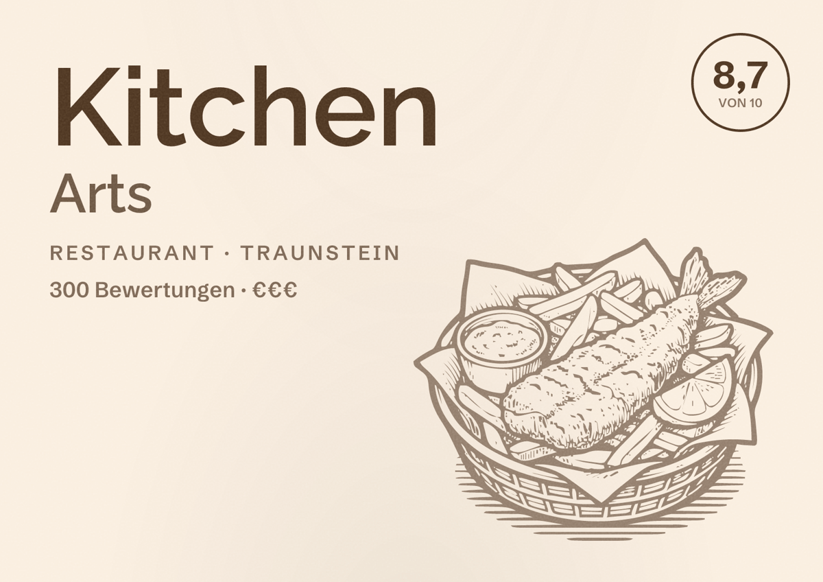 Illustriertes Poster von Kitchen Arts, Restaurant in Traunstein: Bewertung 8,7 von 10 aus 300 Bewertungen, Preisniveau €€€
