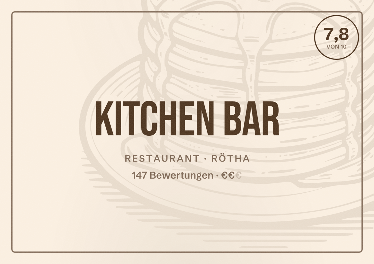 Illustriertes Poster von Kitchen Bar, Restaurant in Rötha: Bewertung 7,8 von 10 aus 147 Bewertungen, Preisniveau €€