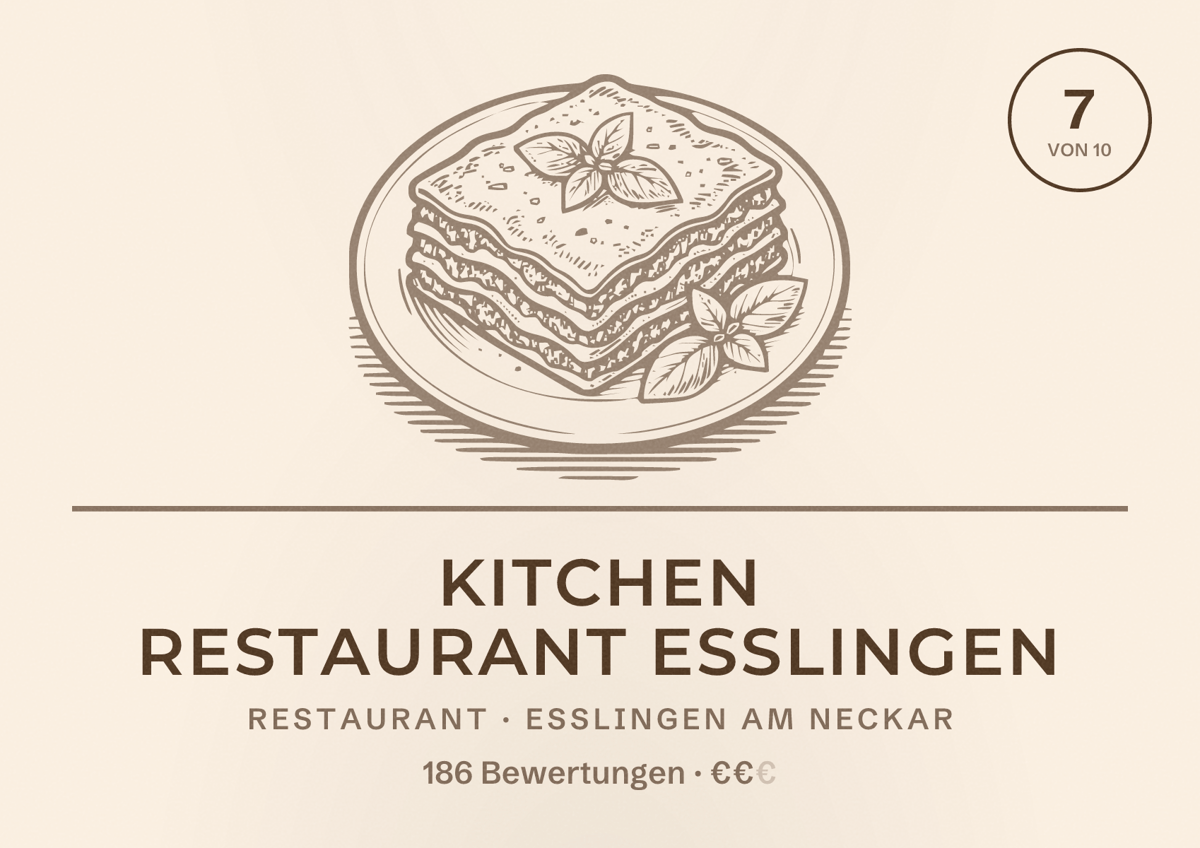 Illustriertes Poster von Kitchen Restaurant Esslingen, Restaurant in Esslingen am Neckar: Bewertung 7 von 10 aus 186 Bewertungen, Preisniveau €€
